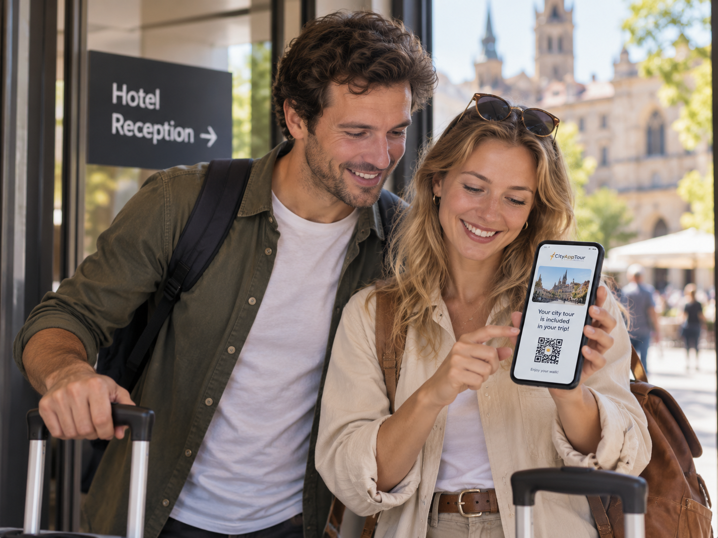 Travellers with suitcases arrive in a historic European city street.