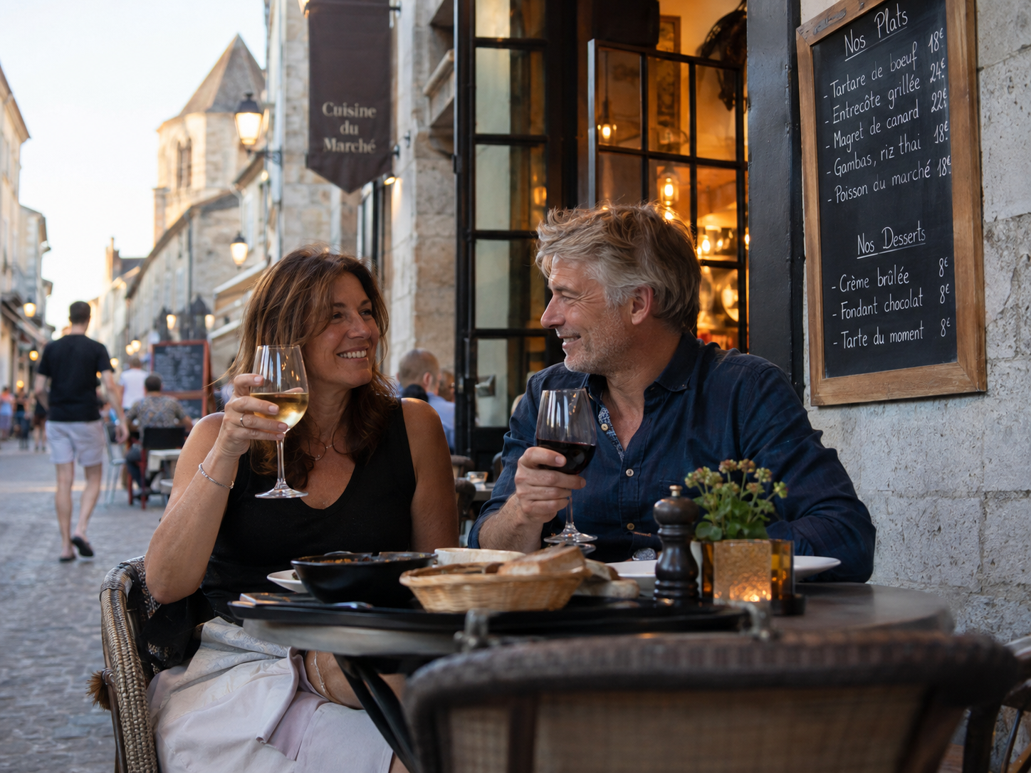 A couple enjoys dinner and a glass of wine at a restaurant terrace in a European city street.