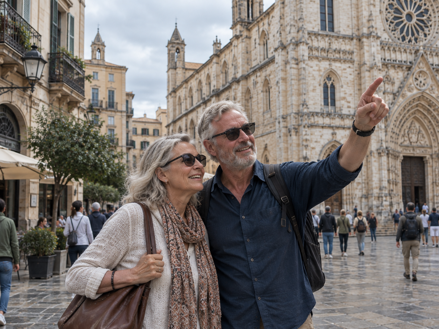 A couple with earbuds walks across a European city square at golden hour, following the tour on a phone.