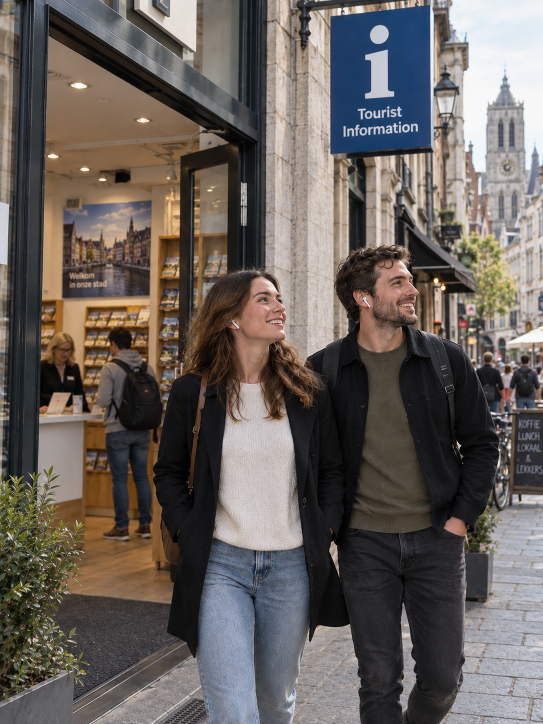 Stel met oordopjes verkent de stad voor een Europees VVV-kantoor