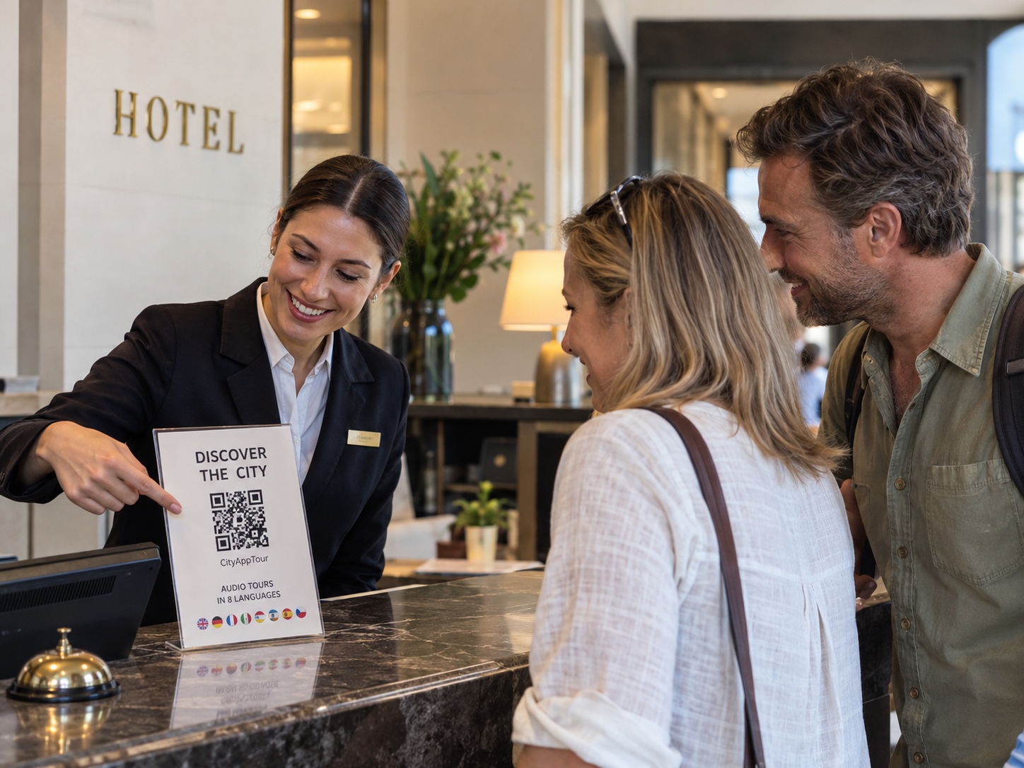A receptionist points to the CityAppTour QR card while guests check in at the hotel front desk.