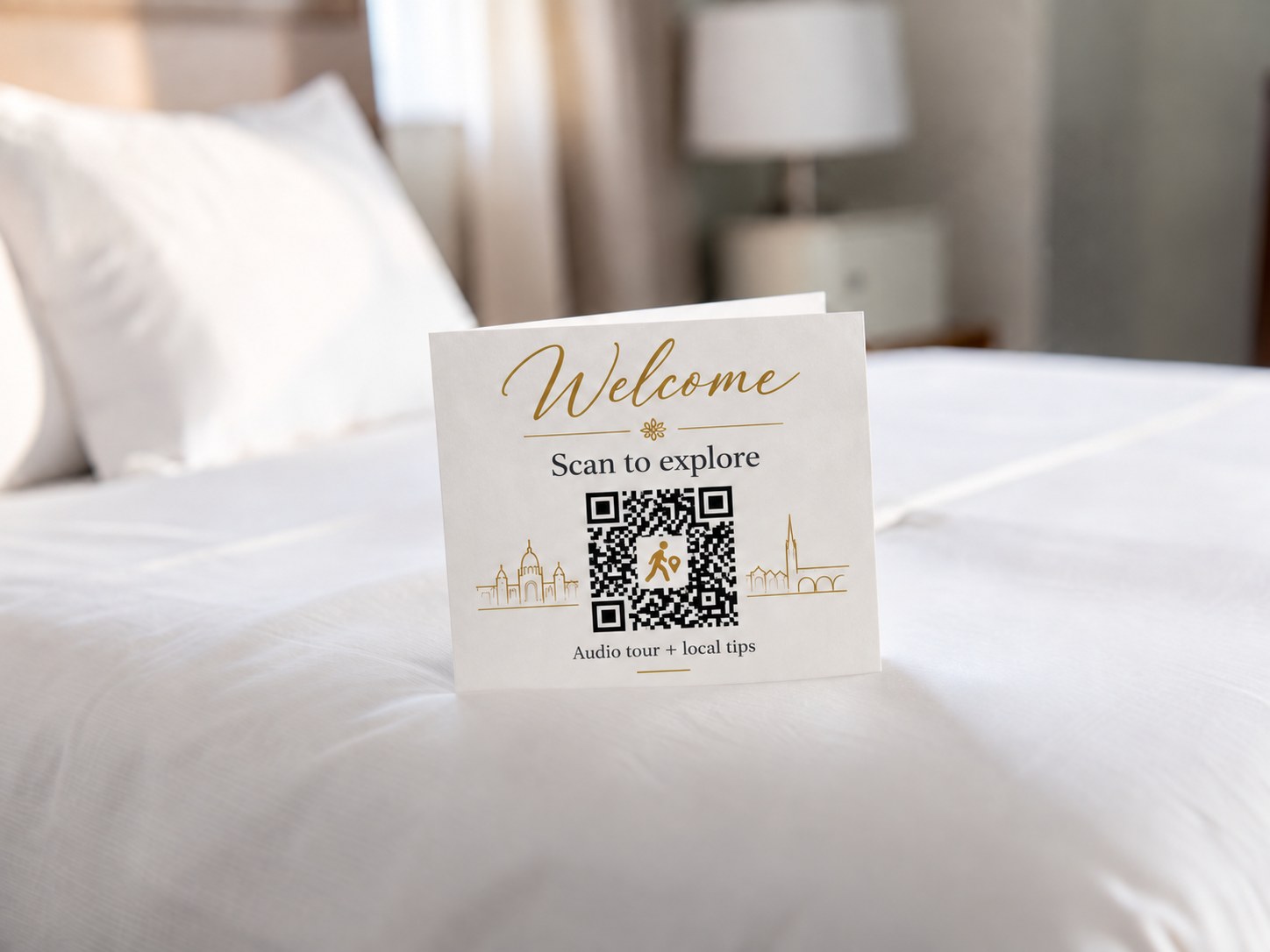 Placeholder: a welcome card with a QR code on a hotel bed. Replace with final CityAppTour hotel photo.