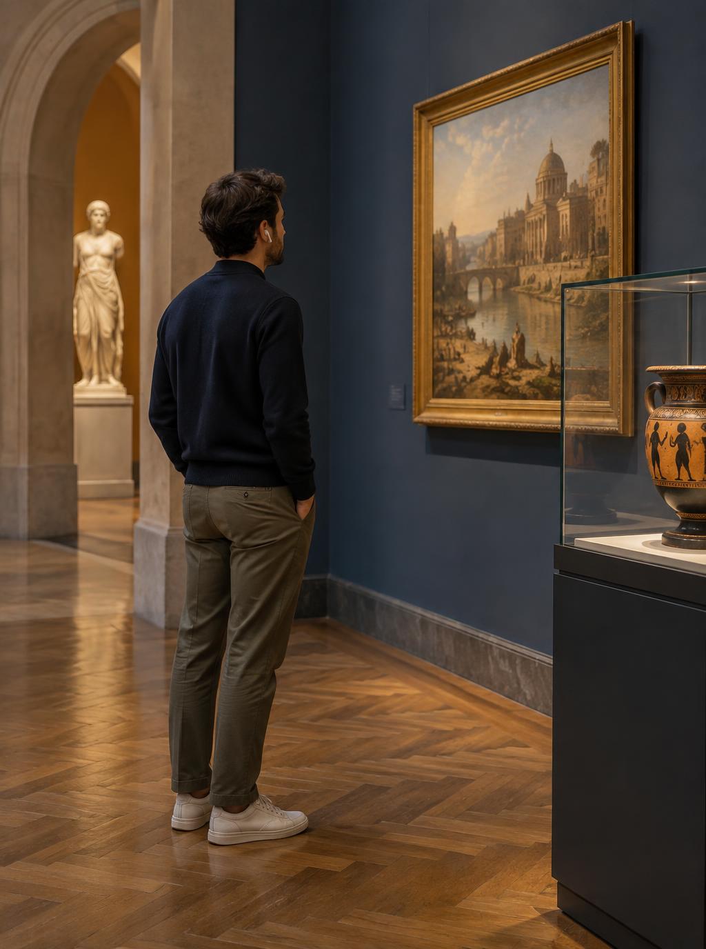 Een museumbezoeker met onopvallende oordopjes bekijkt een kunstwerk en een historisch object