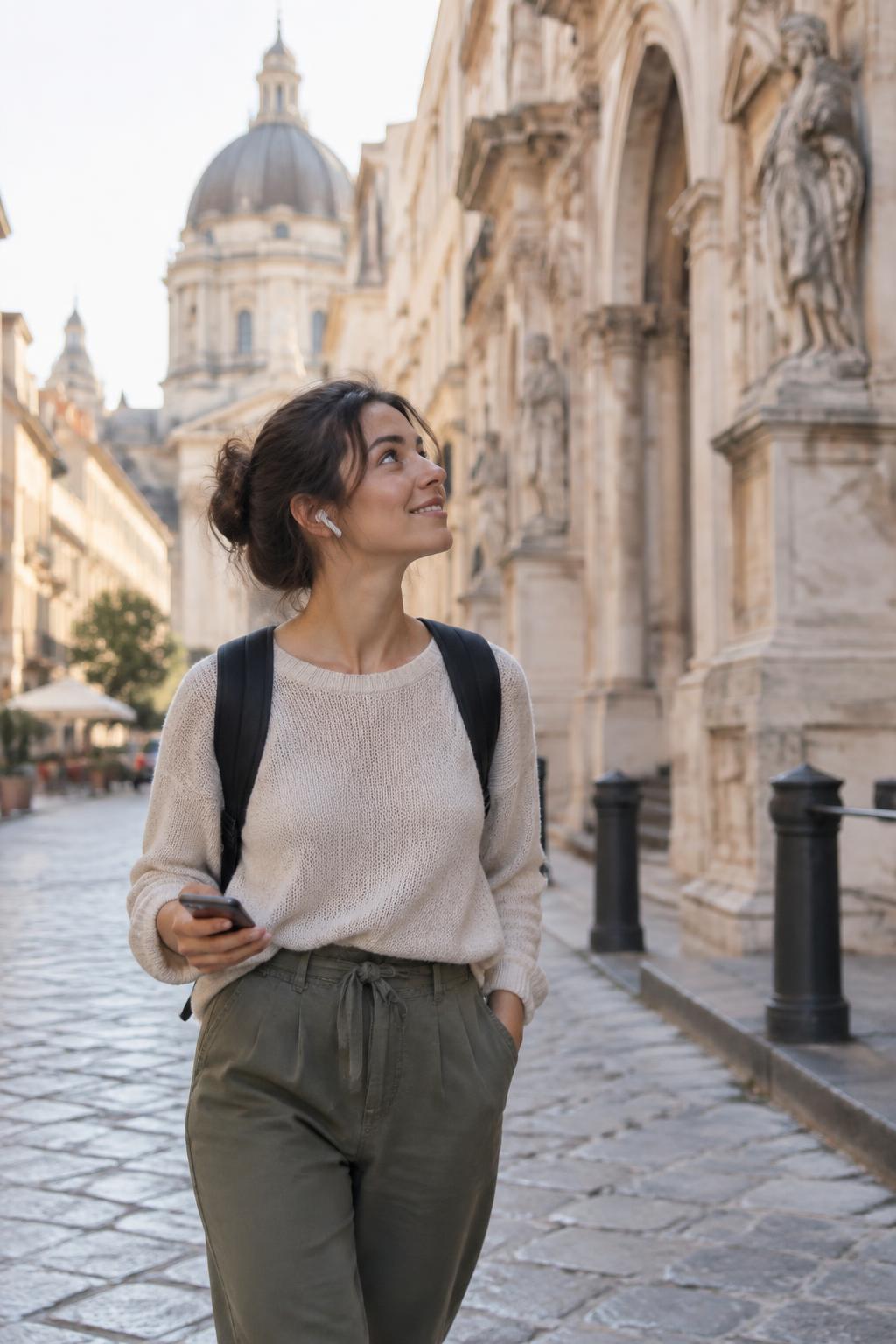 Placeholder: a person walking in a European city with earbuds, phone in hand, looking up at a building. Replace with final CityAppTour lifestyle photo.