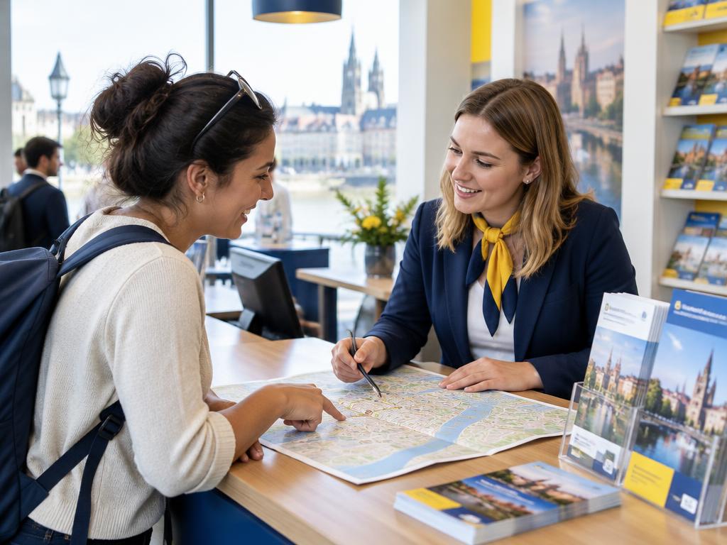 A visitor receives personal city advice from an employee at a tourist-office counter.