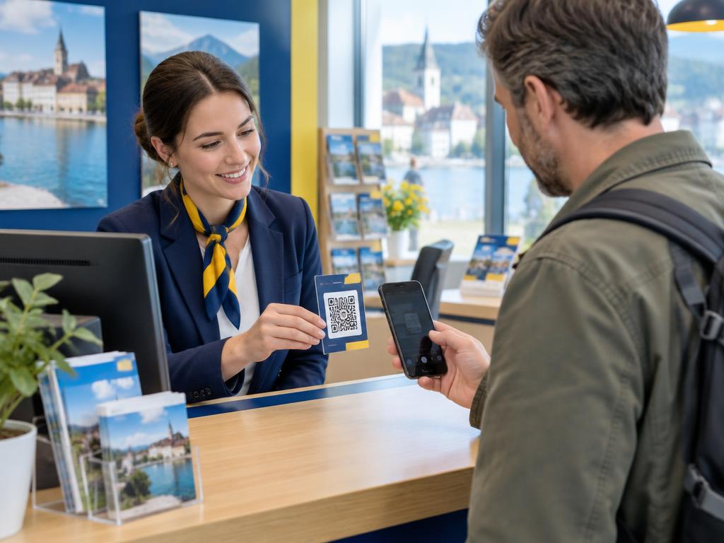 A tourist-office employee shows a dedicated QR code to a visitor after payment.