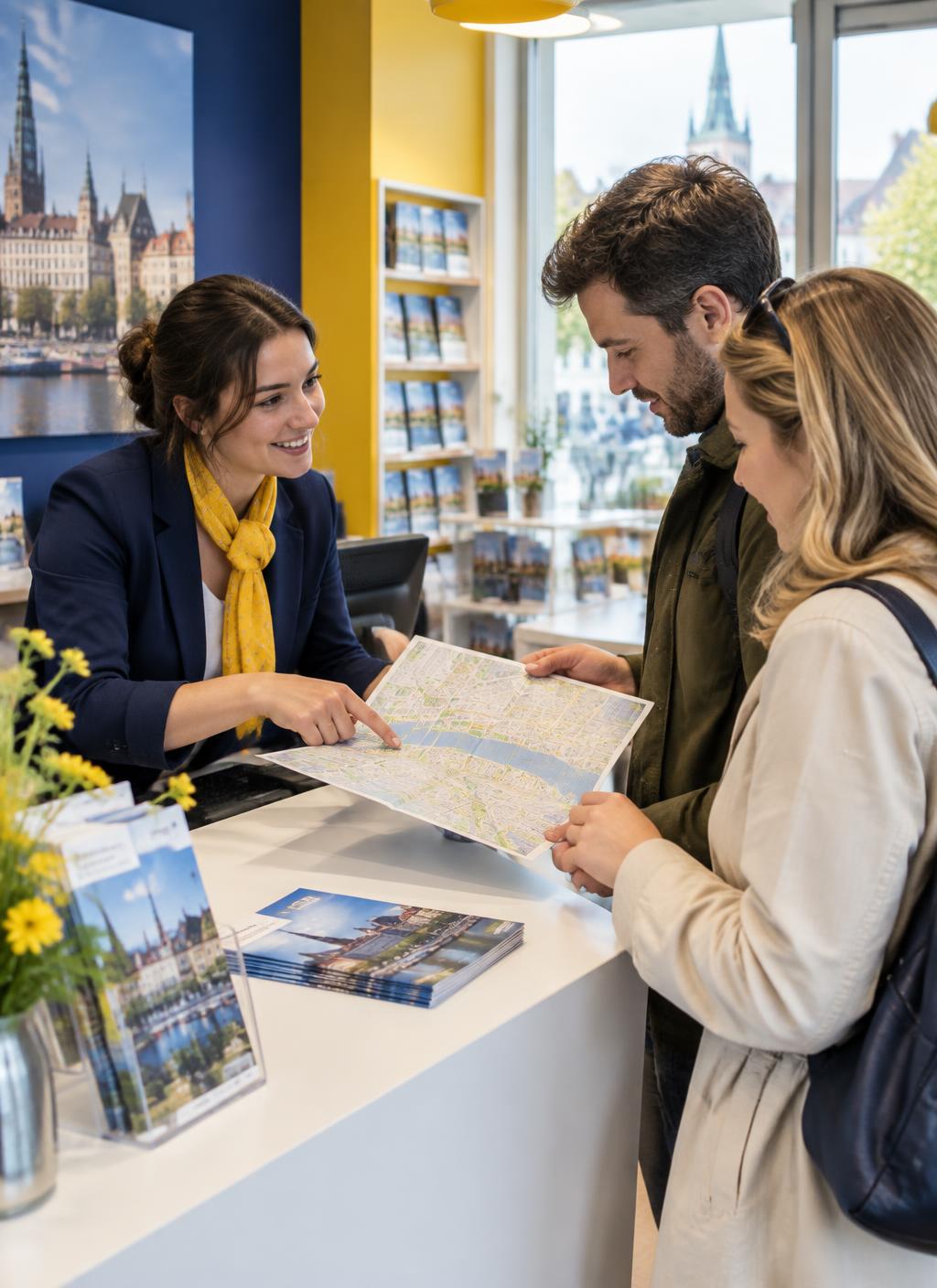 Visitors receive local city information from an employee at a European visitor centre
